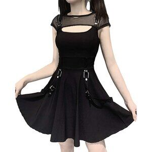 Women's Aesthetic Gothic Halloween Dress Pull On Black Short Sleeves Hollow Out